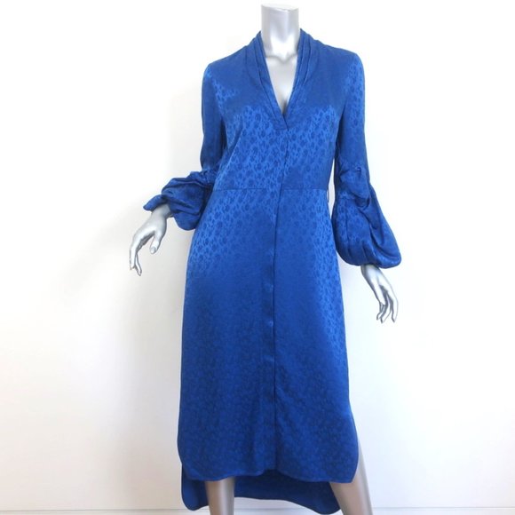 HELLESSY RUFFLE SLEEVE MIDI DRESS HELGA COBALT FLORAL SATIN JACQUARD SIZE 4 - Picture 2 of 9